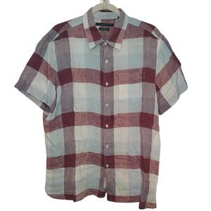 Perry Ellis Mens XL Button Down Shirt Linen Plaid Maroon Blue Short Sleeve